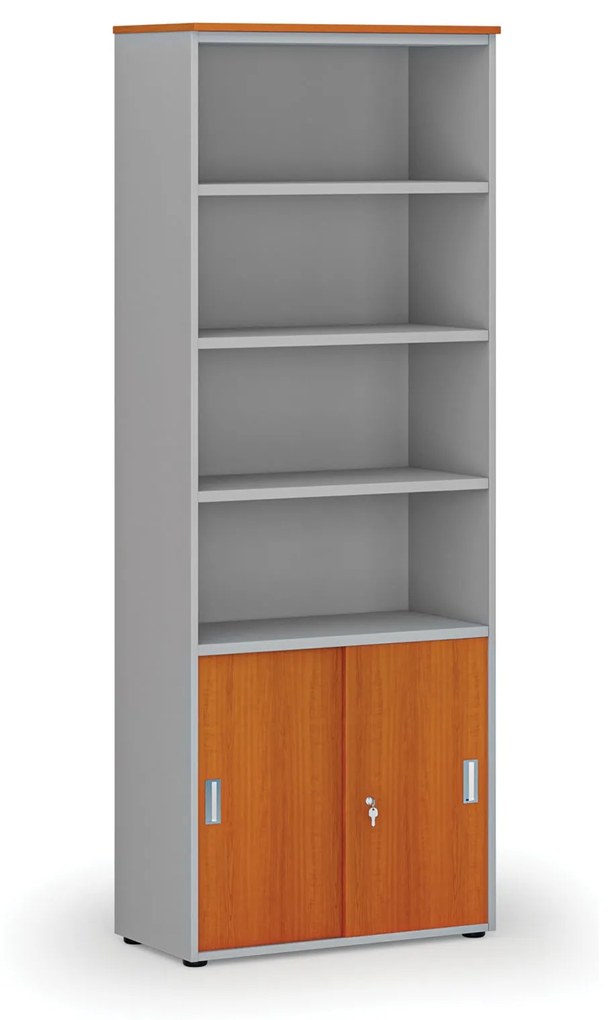 Kombinovaná kancelárska skriňa PRIMO GRAY, zasúvacie dvere na 2 poschodia, 2128 x 800 x 420 mm, sivá/čerešňa
