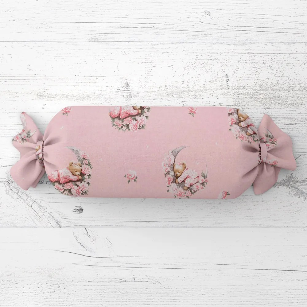 Biante Detský vankúš valec bonbon Sandra SA-626 Spiace medvedíky na ružovom 15x40 cm