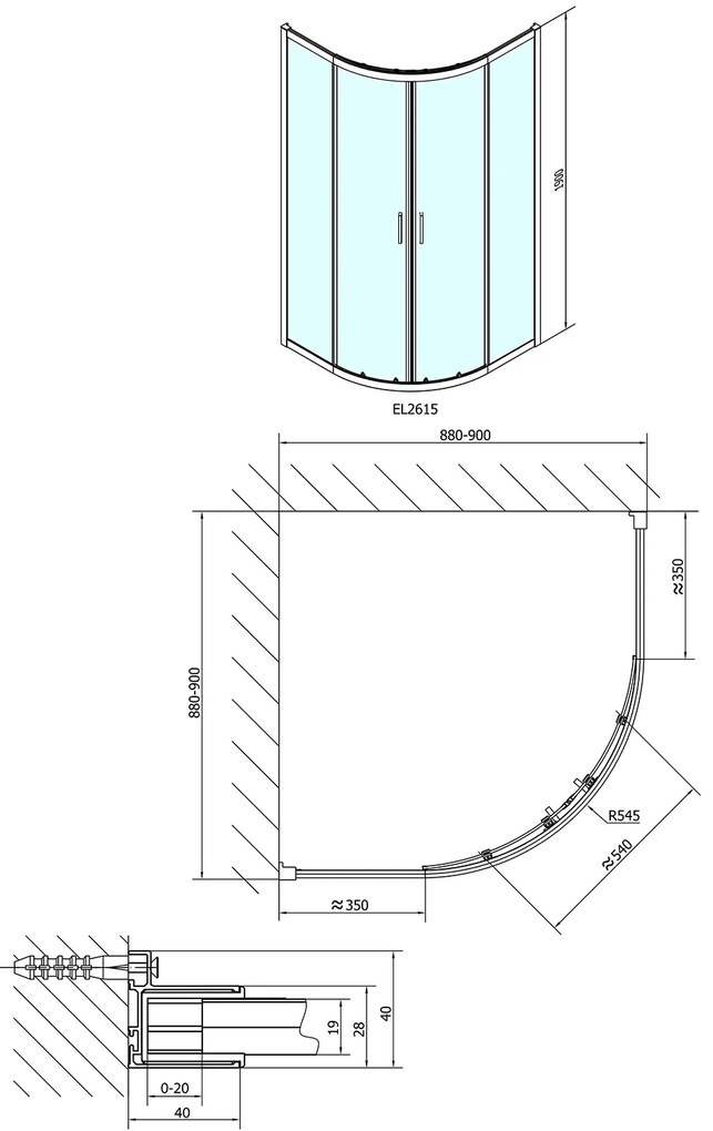 Polysan Polysan, EASY LINE štvrťkruhová sprchová zástena 900x900mm, L/R, čire sklo, EL2615