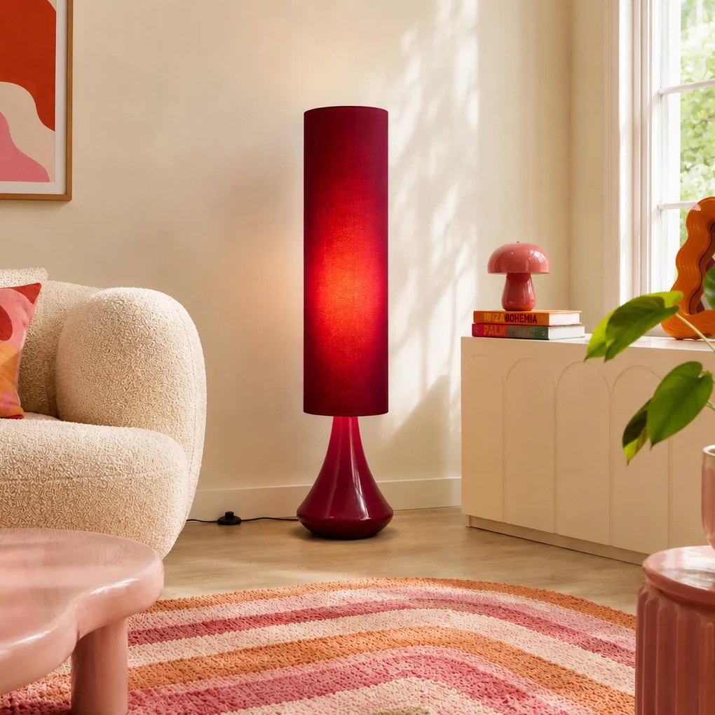 Retro stojaca lampa fialová s látkovým tienidlom - Mina