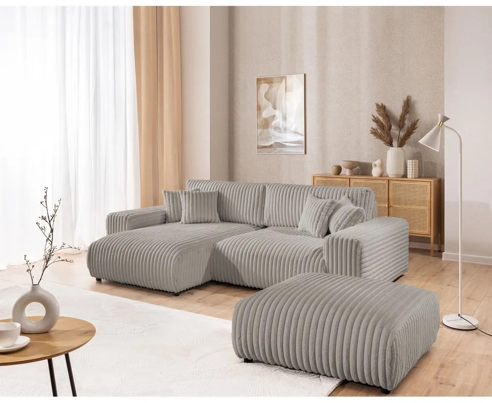 Svetlosivá menčestrová rozkladacia/s úložným priestorom rohová pohovka (ľavý roh) Sarina – Ropez