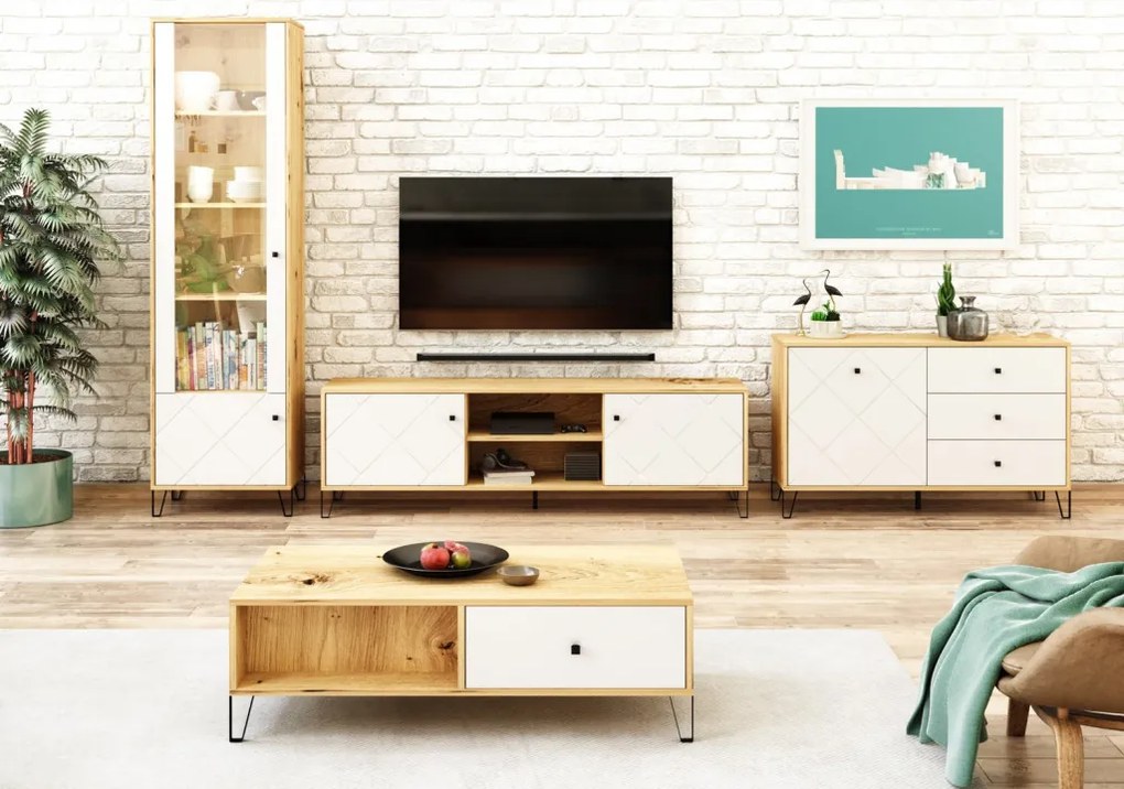 Vysoká vitrína Bilbao, dub artisan/biela