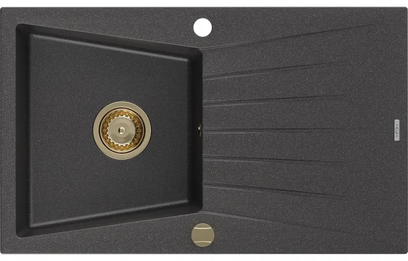 Mexen Cesar, granitový drez 775x470x190 mm, 1-komorový, čierna škvrnitá so zlatým sifónom, 6514771010-76-G