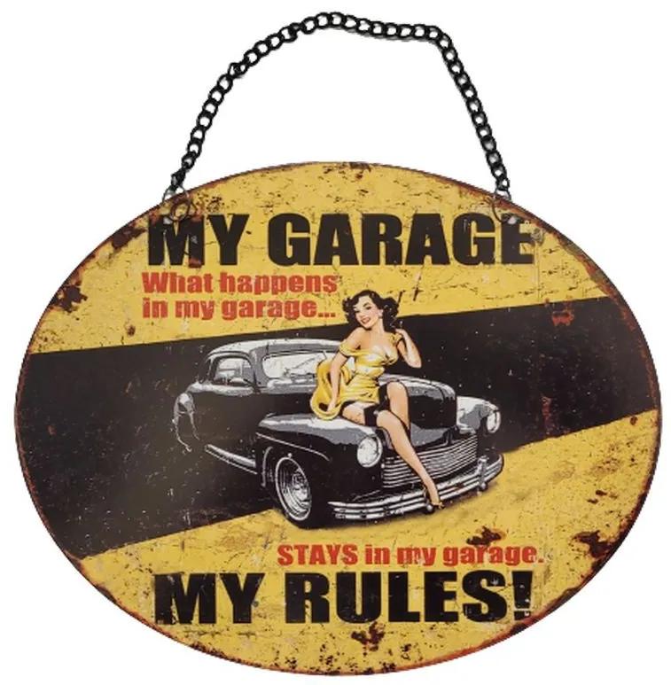 Závesná žltá kovová ceduľa My Garage My Rules - 25*20 cm
