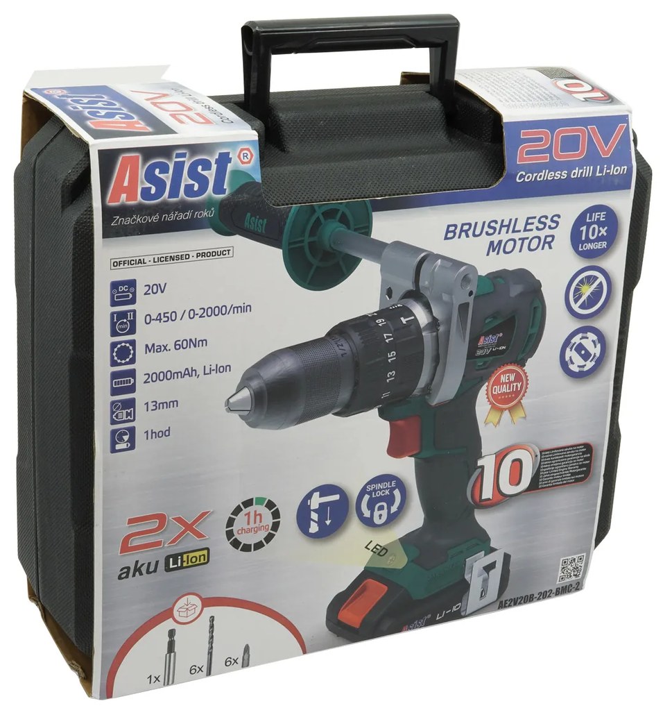ASIST Aku vŕtačka 20V Li-Ion, bezuhlíkový motor, 2-rýchlostná