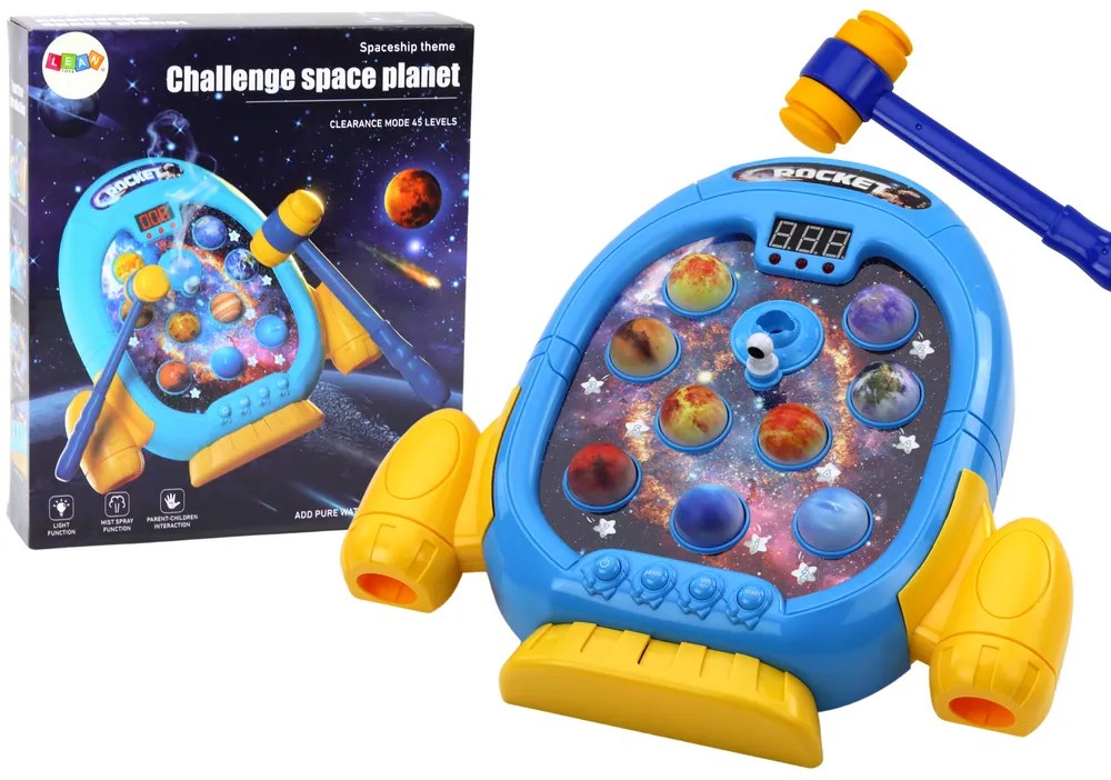 LEAN TOYS Arkádová hra Wac A Mole - Planéty v rakete s kladivom 6 režimov + svetlá, zvuky, dym