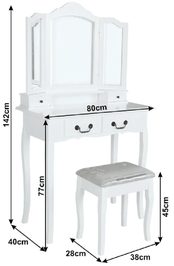 Kondela Toaletný stolík s taburetom, biela/strieborná, REGINA NEW Biela