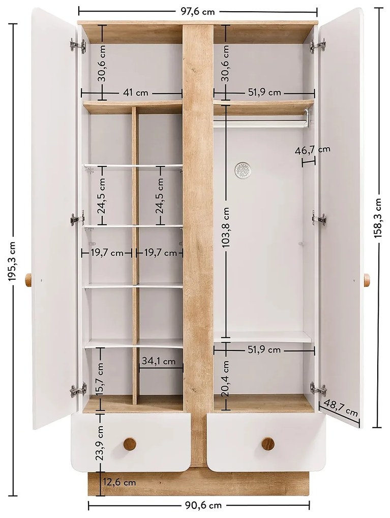 Detská šatníková skriňa Ellie - biela/dub svetlý