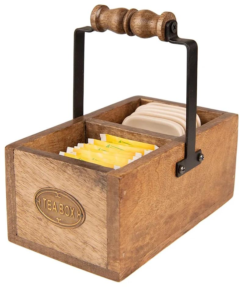 Hnedý drevený čajový box na čajové vrecká s miskami Tea Box - 17*10*17 cm