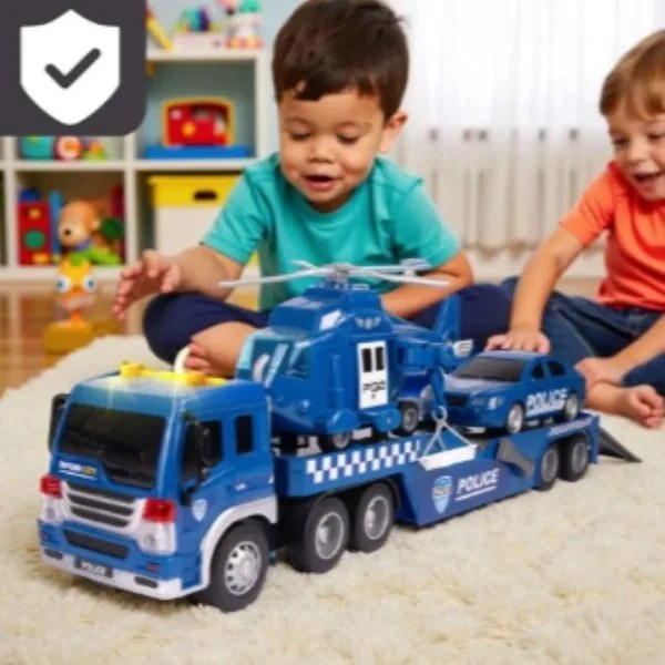 Policajný transportér s helikoptérou a autom