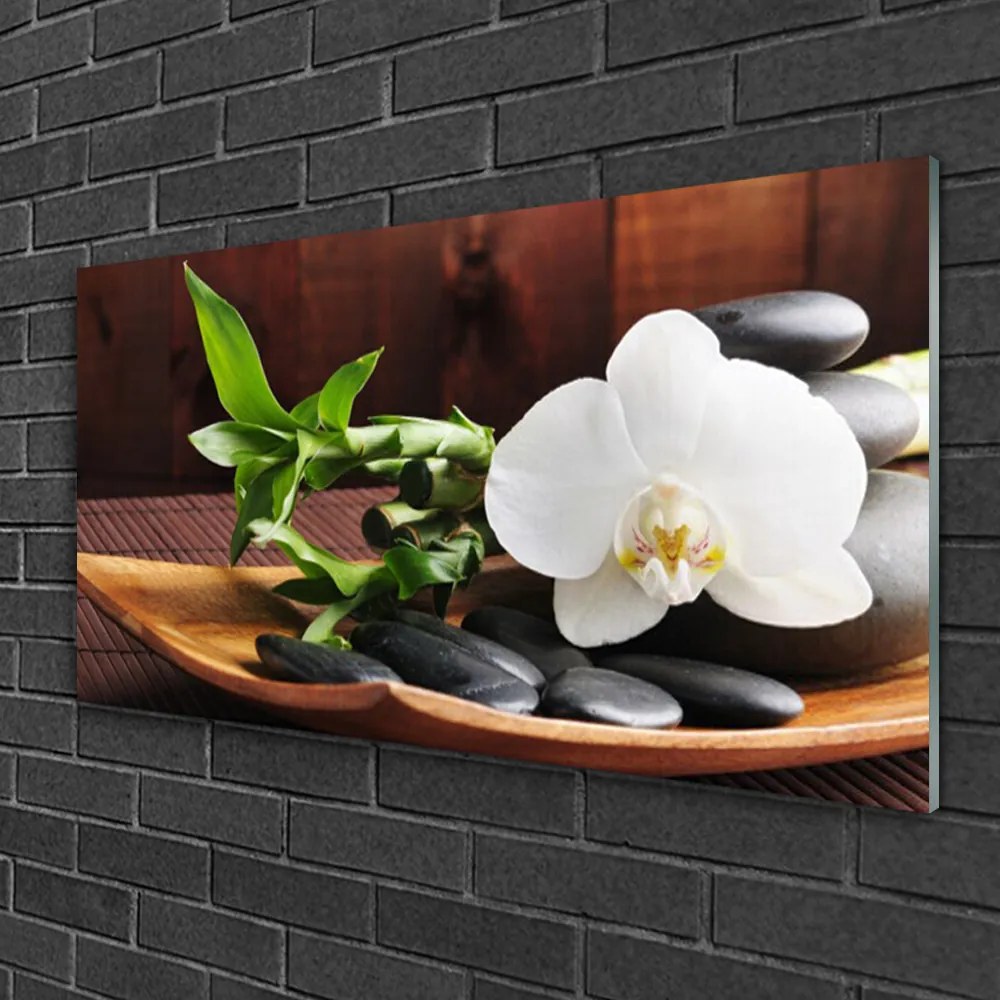 Skleneny obraz Kamene zen biela orchidea 125x50 cm