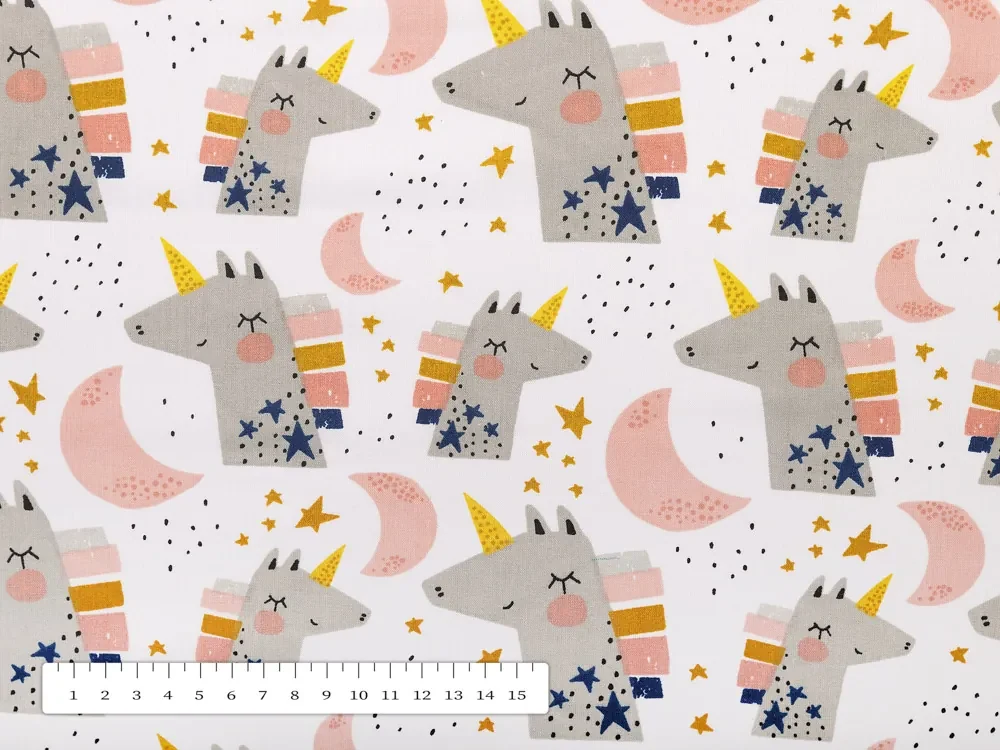 Biante Detský bavlnený behúň na stôl Sandra SA-562 Spiace jednorožce medzi hviezdičkami na bielom 45x140 cm