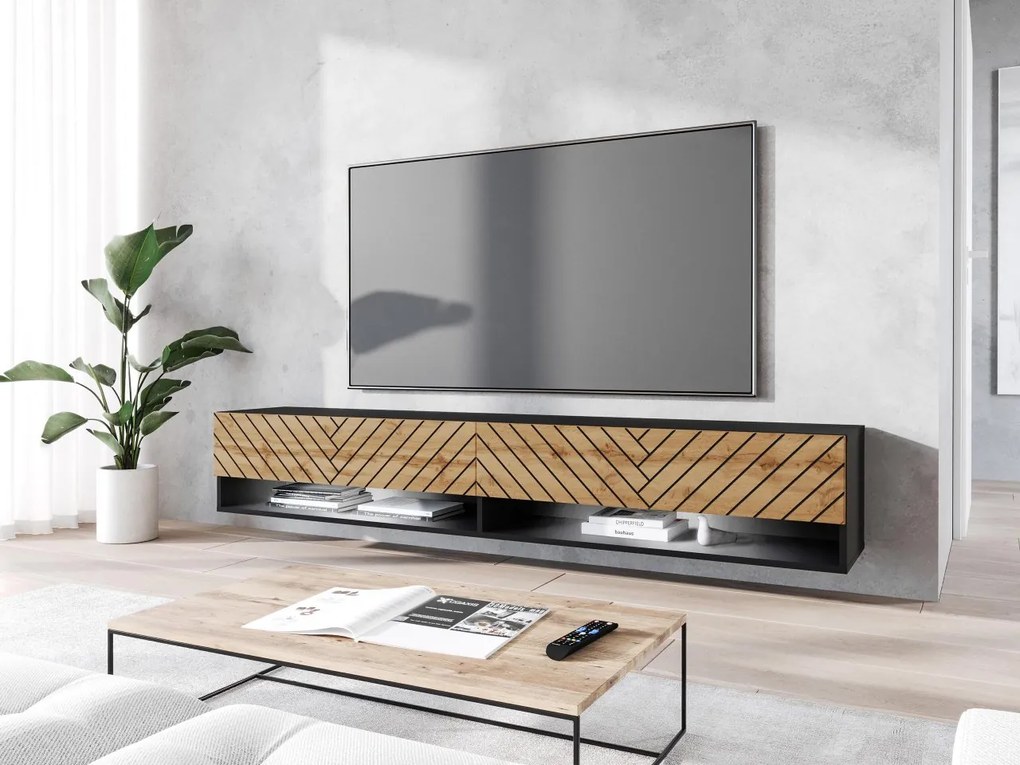 TV stolík/skrinka Adenik 180 MDF, Farby: biela / biela fala, Osvetlenie: osvetlenie LED RGB - farebné