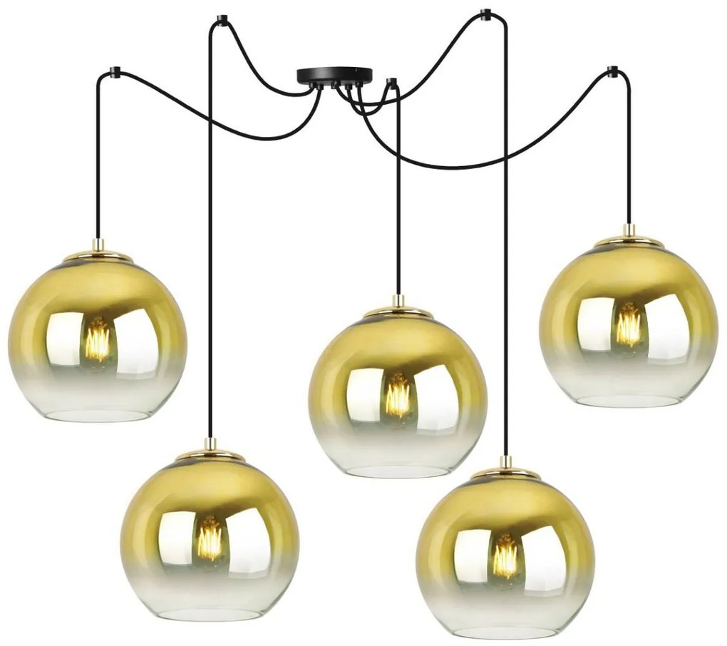 Závesné svietidlo Bergen Gold Spider, 5x zlaté/transparentné sklenené tienidlo (fi 20cm)