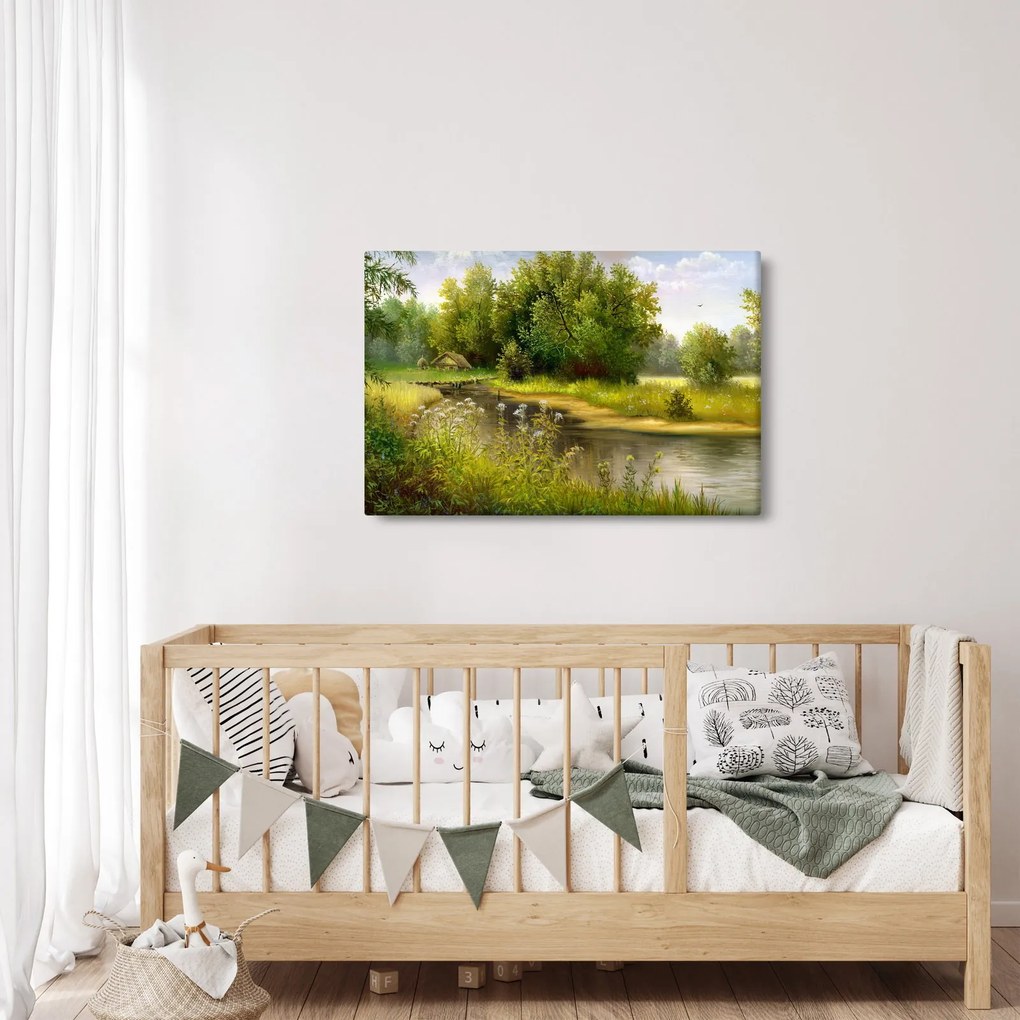 Obraz - Rieka pri lese, olejomaľba (90x60 cm)