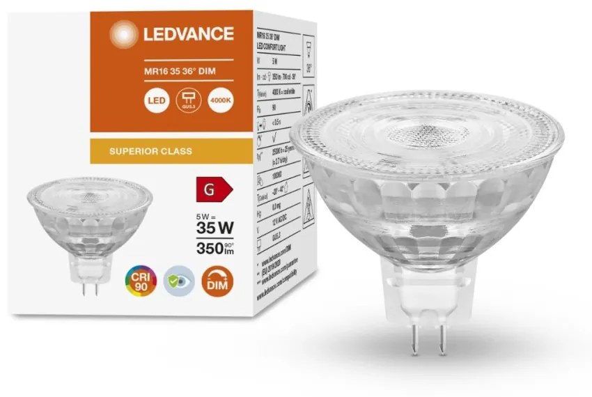 LED žiarovka MR16 5W = 35W 350lm 4000K Neutrálna 36° CRI90 12V stmievateľná LEDVANCE Superior