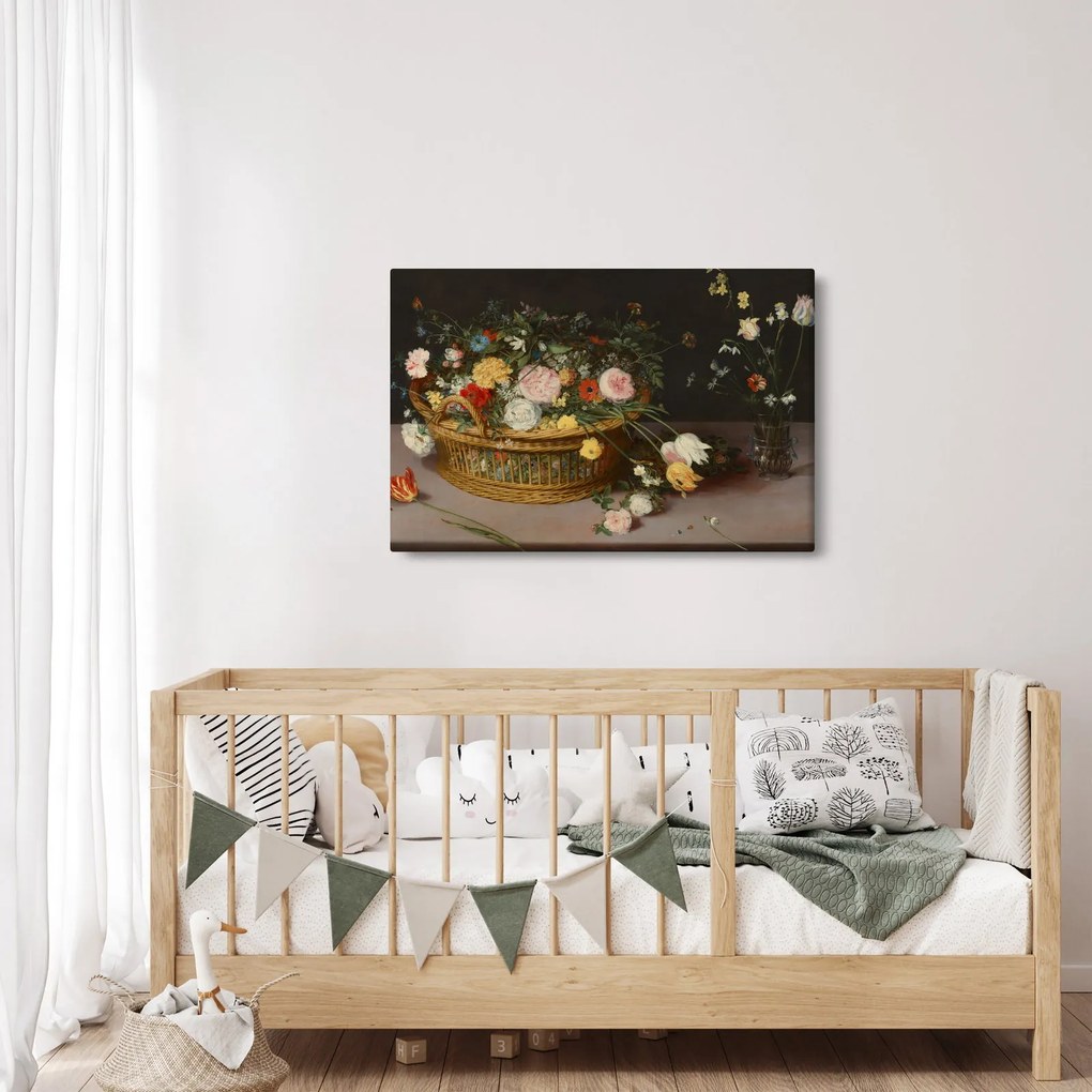 Obraz - Jan Brueghel the Elder, Flowers in a Basket and a Vase, reprodukcia (90x60 cm)