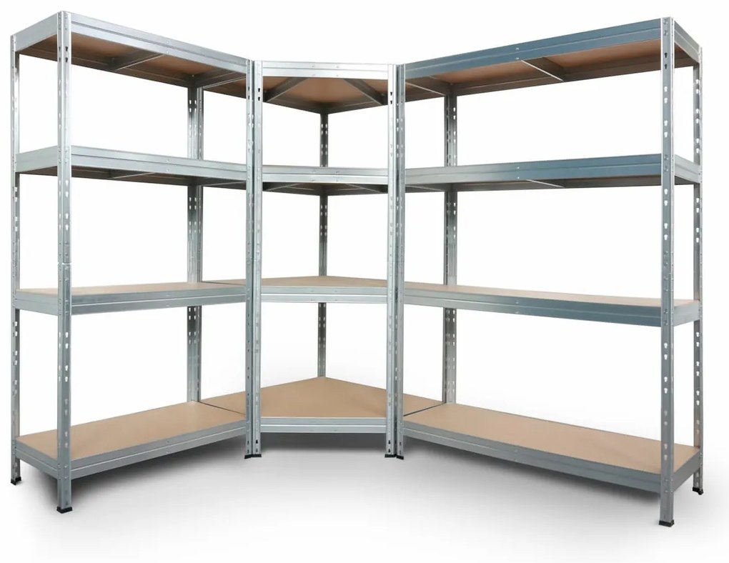 Bezskrutkový kovový regál RIVET CORNER PACK 180x210x180x45 cm, 4x HDF polica, zinok