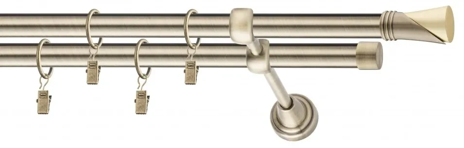 Dekorstudio Mosadzná dvojradová garniža VEGA 19mm Dĺžka: 160cm, Typ uchytenia: Držiak dvojitý otvorený, Typ príslušenstva: Krúžky tiché so štipcami