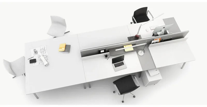 PLAN Kancelársky pracovný stôl SINGLE LAYERS, posuvná vrchná doska, s prepážkami, biela / sivá