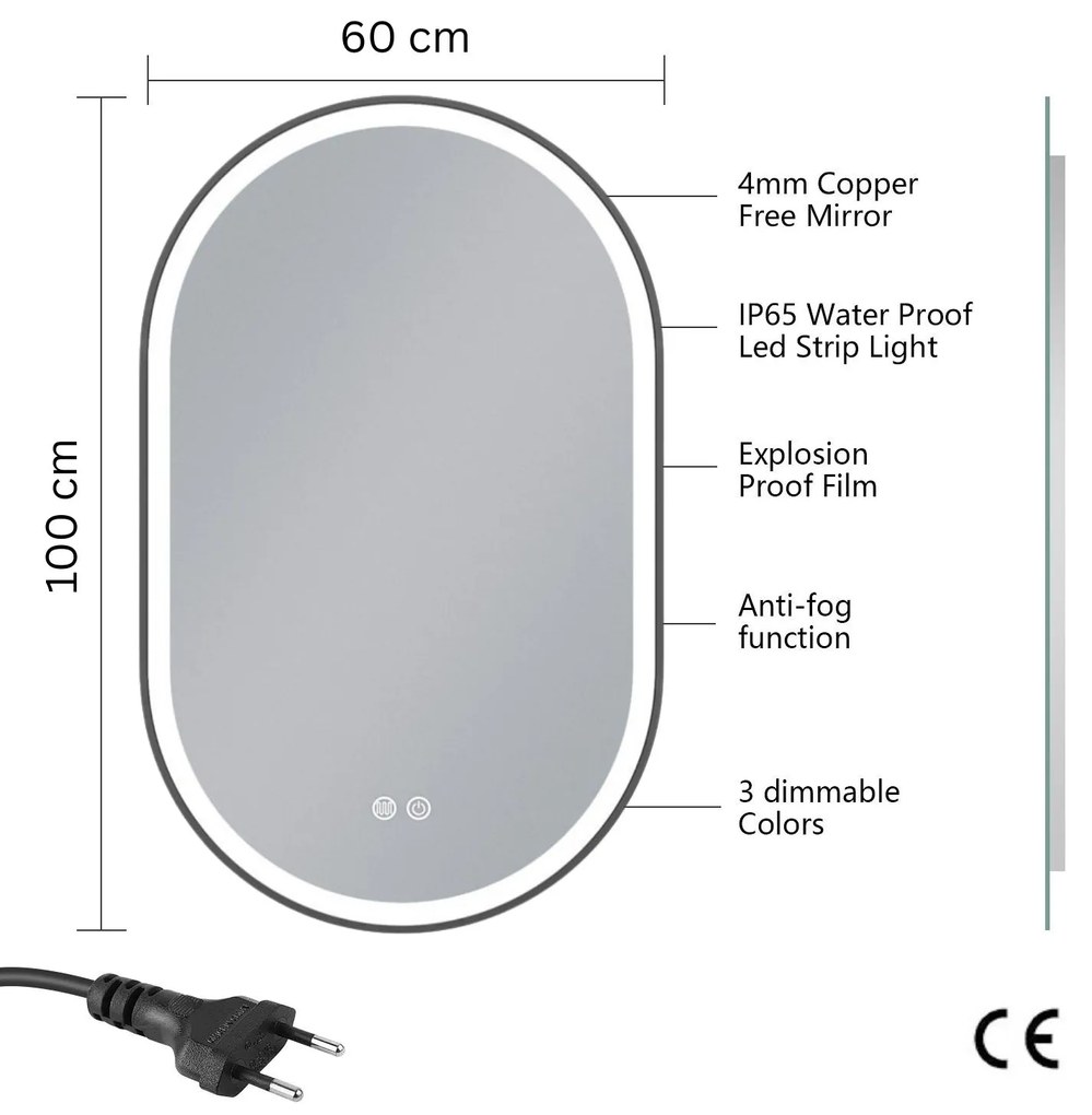 Erga Gwen, oválne LED zrkadlo 60x100cm v čiernom kovovom ráme, 3 farby svetla, predné osvetlenie, vyhrievacia podložka proti zapareniu, ERG-V01-GWEN-6010-BK