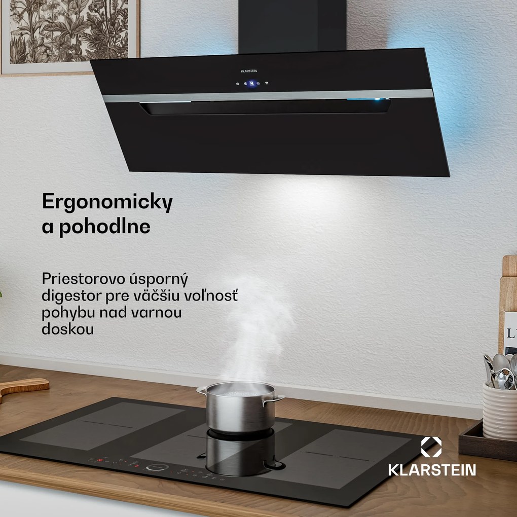 Klarstein BigBite šikmý digestor | režim odsávania vzduchu a recirkulácie | bezpečnostné sklo | 417 m³/h | 90 cm