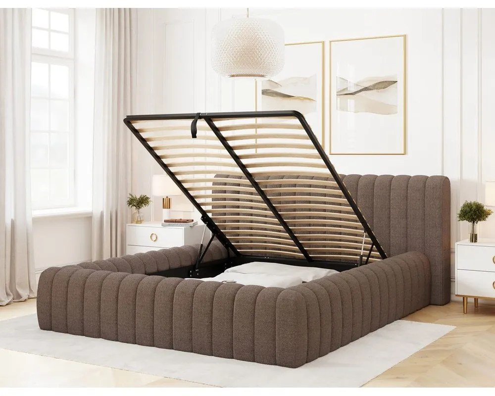 Hnedá čalúnená dvojlôžková posteľ s úložným priestorom s roštom 160x200 cm Carilla – ELTAP