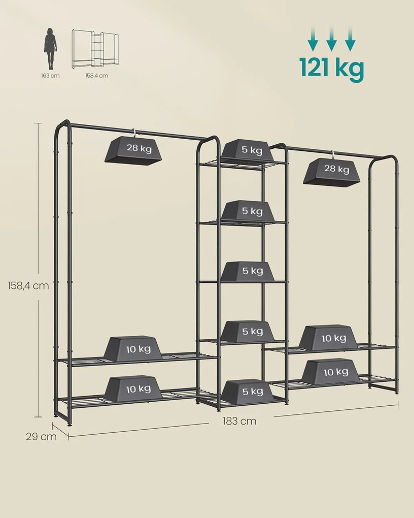 Kovový vešiak na oblečenie s tyčou a policami, matná čierna