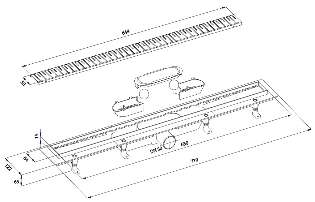 Polysan Polysan, KLAVER sprchový kanálik s nerezovým roštom, superflow, DN50, 710x122x65 mm, 73721