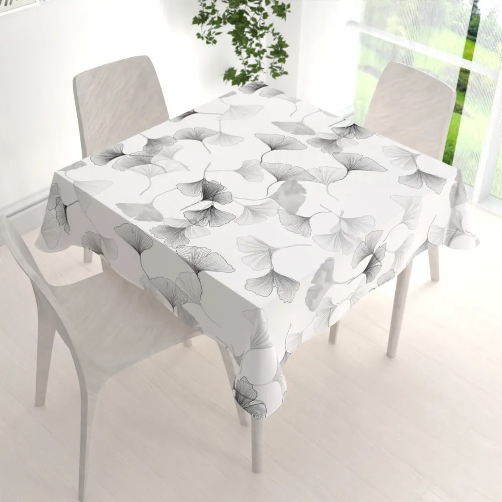 Biante Bavlnený štvorcový obrus Sandra SA-512 Sivo-biele ginkgo listy na bielom 70x70 cm