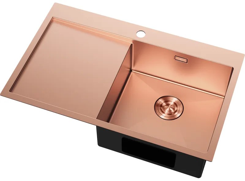 Mexen Exar, 1-komorový nerezový drez s odkvapkávačom, pravý, 780 x 480 mm, brúsená meď, 6434781010P-65