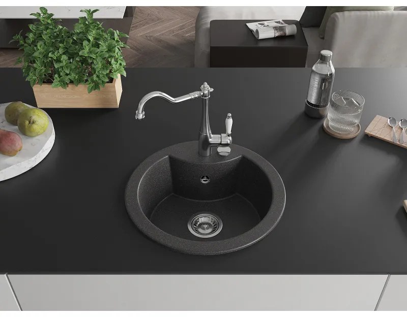 Mexen Diego, granitový drez 488x488x167 mm, 1-komorový a drezová batéria Carla, čierna škvrnitá, 6512-76-670700-00