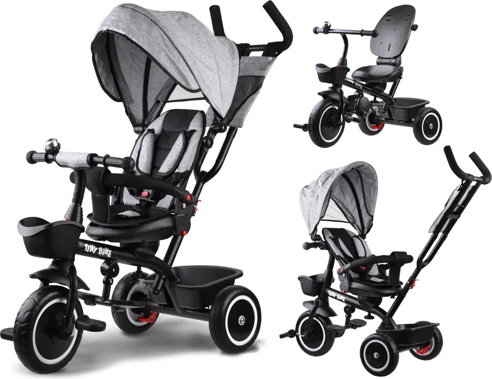 Detská trojkolka Tiny Bike 3 v 1 so strieškou, otočná SP0650 sivá