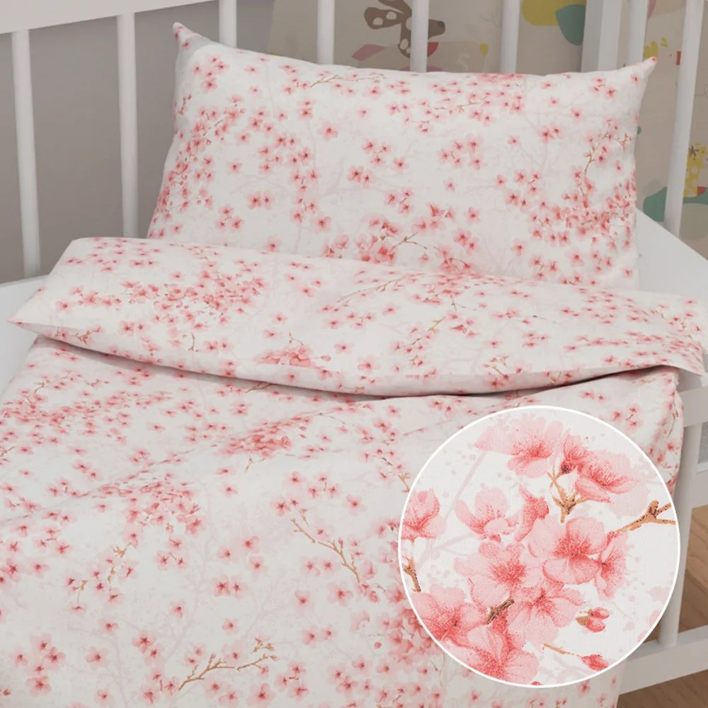 Biante Detské bavlnené posteľné obliečky do postieľky Sandra SA-633 Ružové čerešňové kvety na bielom Do postieľky 90x140 a 40x60 cm
