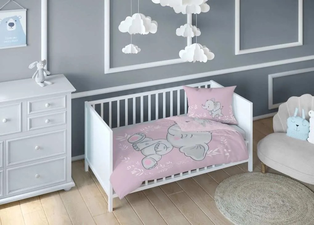 Bavlnené obliečky do postieľky Slon baby ružový 100x135/40x60