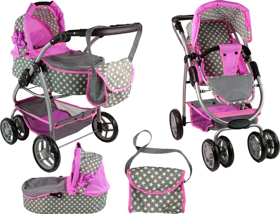 Alice Detský kočík pre bábiky 2 v 1 taška na nosenie ružové hviezdy