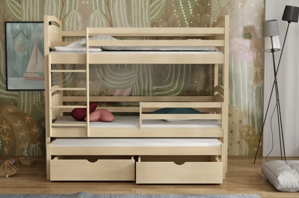 Detská poschodová posteľ z masívu borovice EMA s prístelkou a šuplíkmi - 200x90 cm - PRÍRODNÁ BOROVICA
