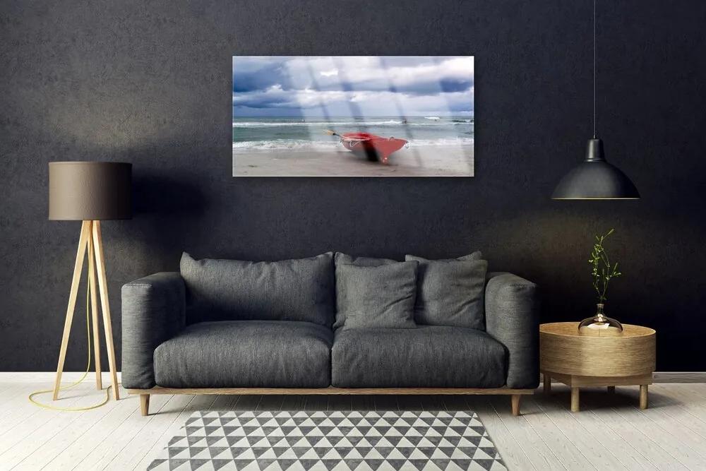 Skleneny obraz Loďka pláž more krajina 125x50 cm