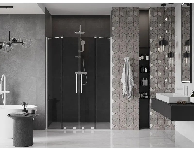 Mexen Velar Duo, posuvné sprchové dvere do otvoru 160 cm, 8mm šedé sklo, biela matná, 871-160-000-42-20