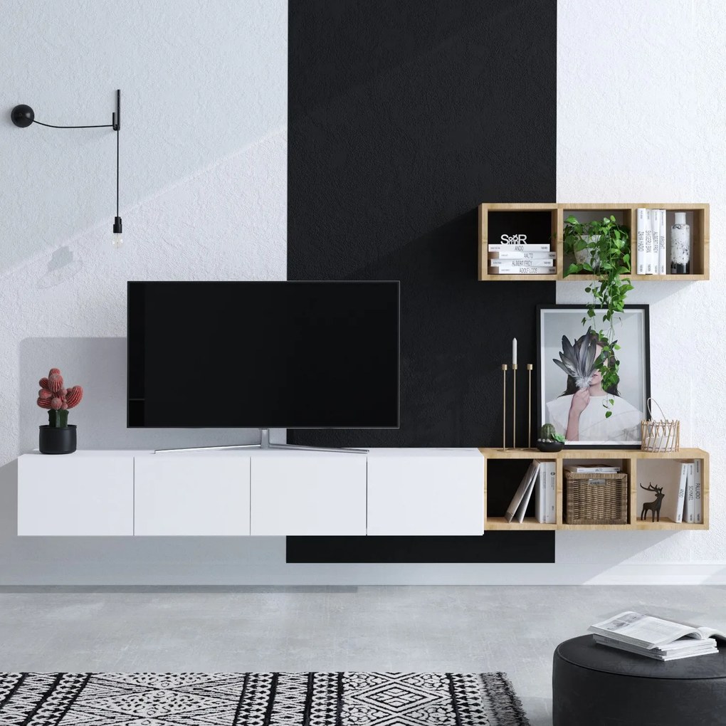 TV stolík/skrinka Panda 2 (Biela + Dub). Akcia -15%. Vlastná spoľahlivá doprava až k Vám domov. 1073377