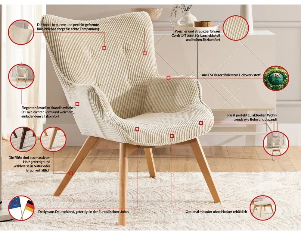 Béžové menčestrové kreslo Niko – Ropez