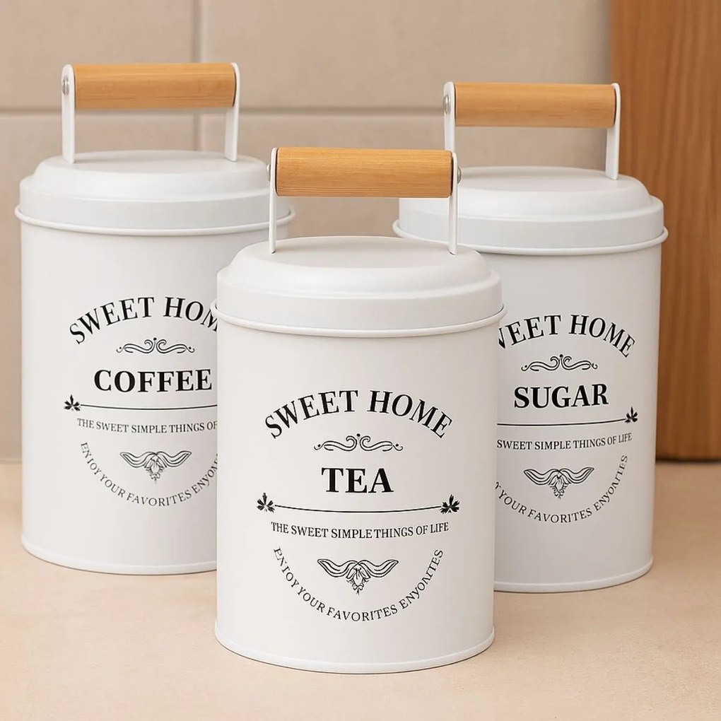 CONFORTIME Súprava 3ks plechových dóz SWEET HOME na čaj, kávu a cukor, viečko s dreveným držadlom