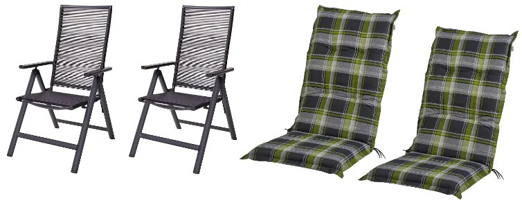 Livarno home Záhradné kreslo Miami, 2 kusy + Podložka na kreslo s vysokým operadlom Valencia/Miami, káro/zelená, 2 kusy (800010855)