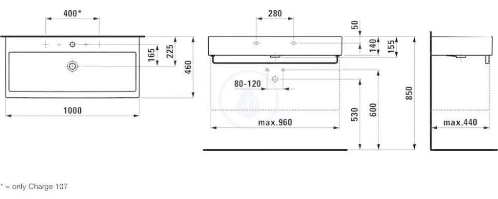 LAUFEN Living Umývadlo do nábytku, 1000 mm x 460 mm, biela – 2 otvory na batériu H8184370001071