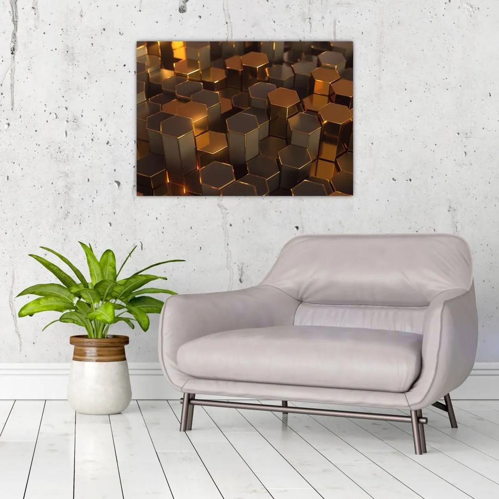 Sklenený obraz - Bronzové hexagóny (70x50 cm)