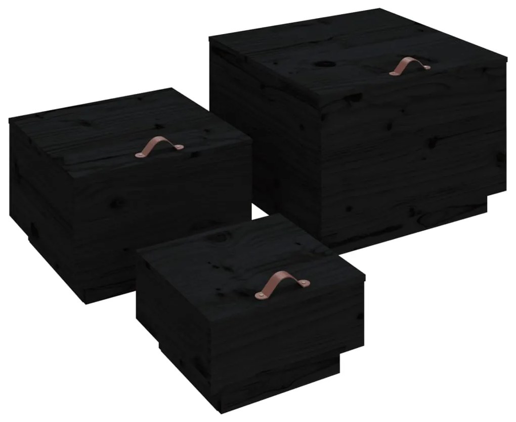 vidaXL Úložné boxy s vekom 3 ks čierne masívna borovica