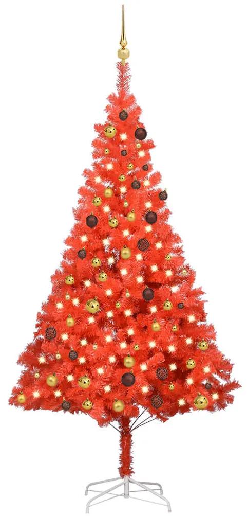 Umelý vianočný stromček s LED a súpravou gulí 210 cm červený PVC 3077515