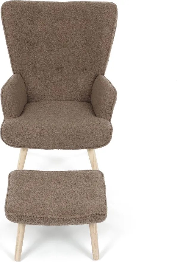 Relaxačné kreslo ušiak ROMEO II + taburet — masívne drevo, látka bouclé, prírodná / hnedá
