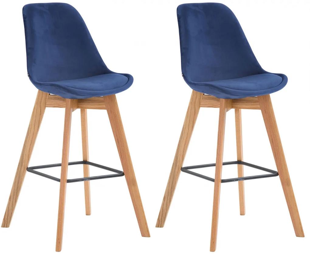 Barová stolička Metz ~ zamat, drevené nohy natura (SET 2 ks) - Modrá