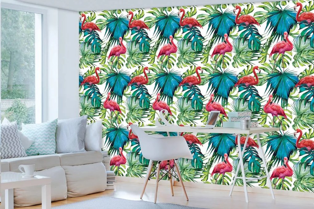 Fototapeta - Plameniaky a listy (254x184 cm)